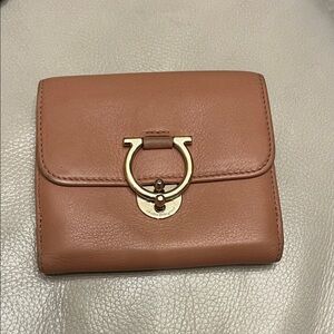 Ferragamo Pink Compact Leather Wallet with Gold Gancini Clasp